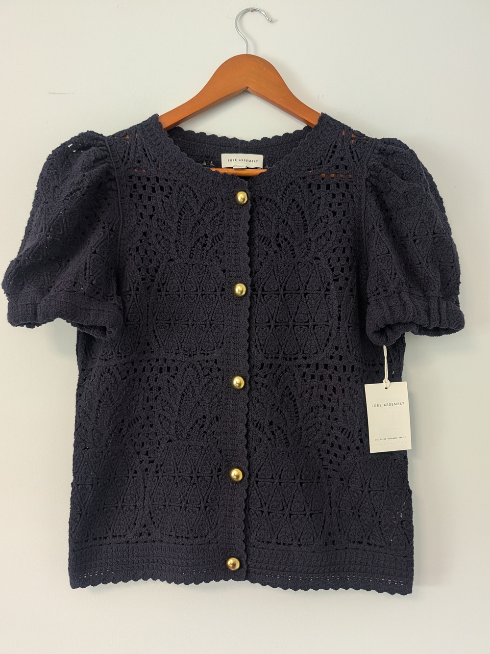 Pointelle Crochet Short-Sleeve Cardigan - Navy